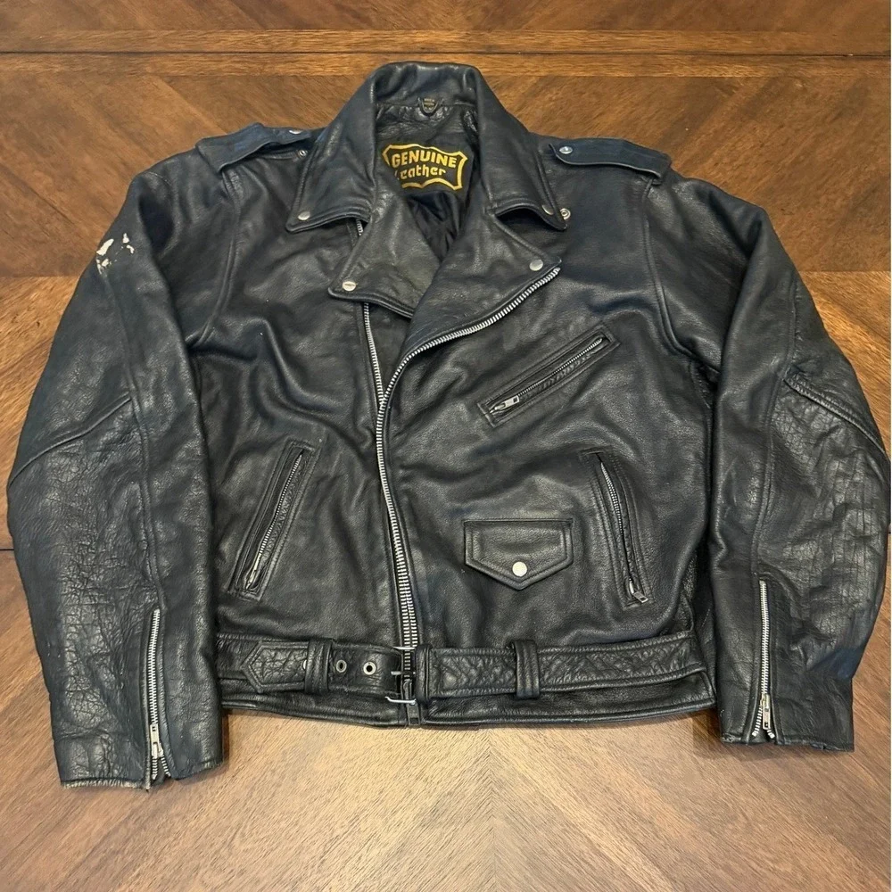 Mens Genuine Leather Biker Jacket Black Moto Belted Asymmetrical‎ Zip Size 50